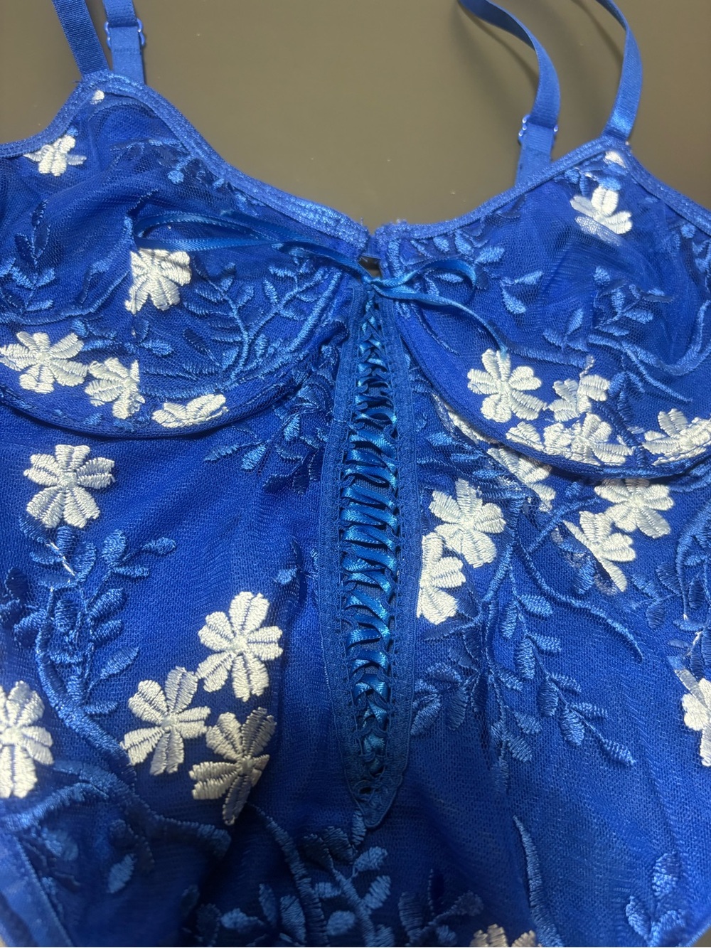 Blue Floral Embroidered Lace Lingerie Bodysuit - Picture 2 of 7